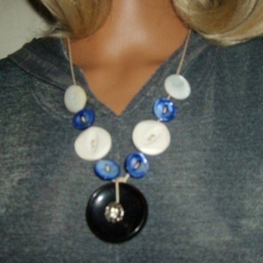 Necklace Vintage Buttons Hemp Twine BOHO Handmade One Of A Kind Black/Blue/Cream